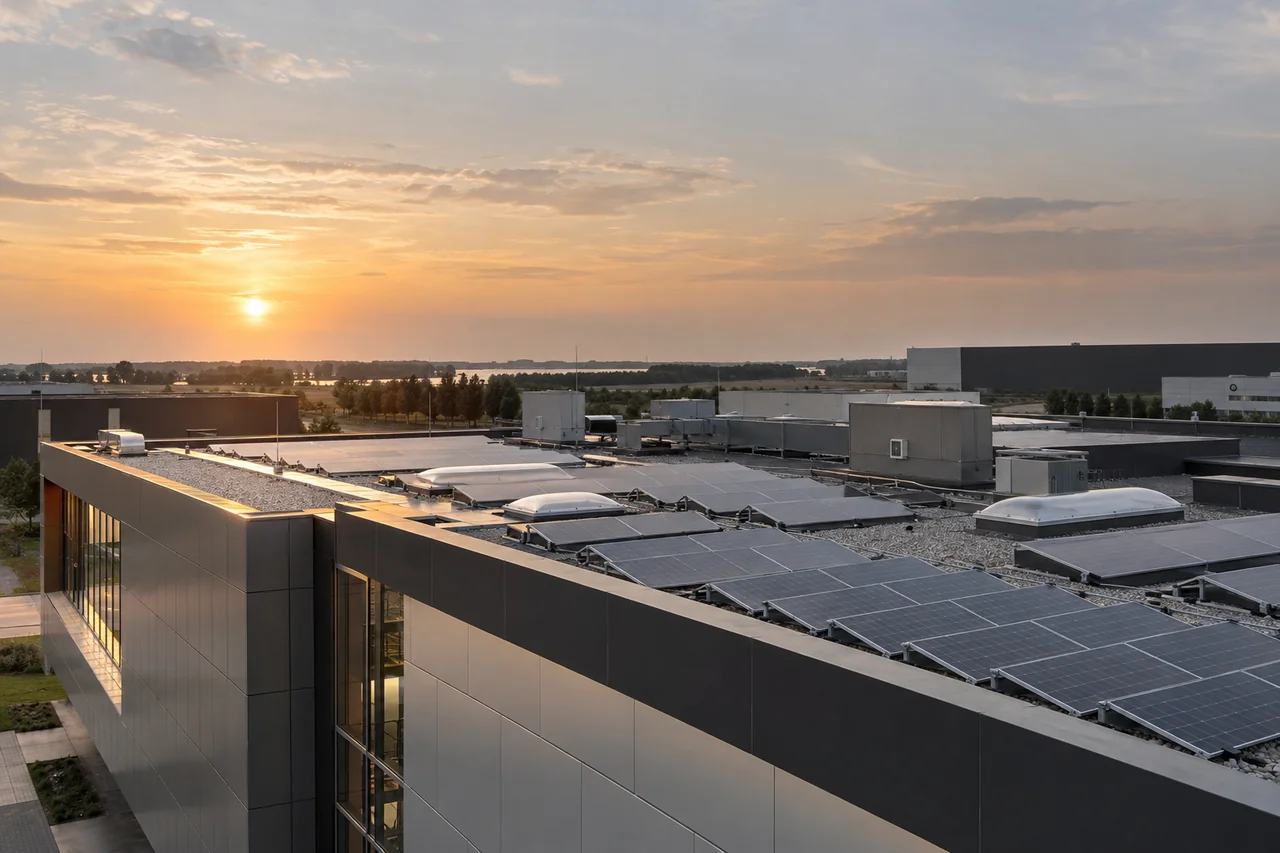 Illustration of a commercial building with rooftop PV