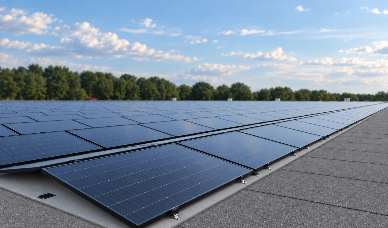 PV mounting system over mineral-surfaced bitumen roofing, with black modules, stainless steel supports and connected WEER boards